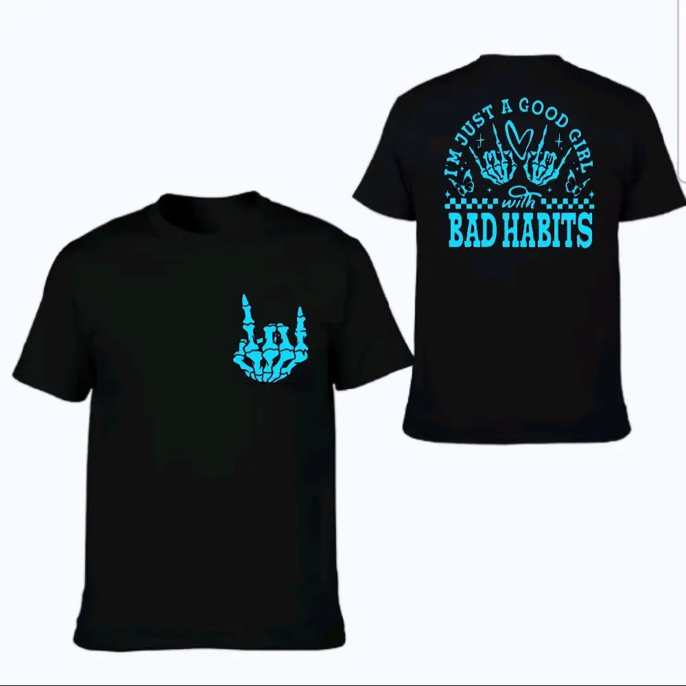 good girl with bad habits shirt humor cute retro short Sleeve black and blue T-Shirt graphic tee emo checkered