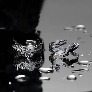 ELiquid Metal Moonstone Ring | Irregular Molten Silver Open Ring | Cyberpunk Aesthetic Goth Jewelry | Avant-Garde Adjustable Statement Ring