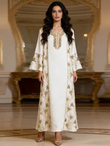 Women's Muslim Outfits Abaya Dress V-Neck Beaded Patchwork Long Gown Eid Fashion Party Evening Wear Casual Gathering Wrap Skirt Classy Modest Dresses