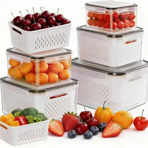 4-Pack Kitchen Utensils Opaque Plastic Anti-Leak Leak-Preventing Food Storage Containers Set for Fridge, Airtight with Removable Colander, 2-Function Divider Plate for Berry Freshness, Dishwasher Safe