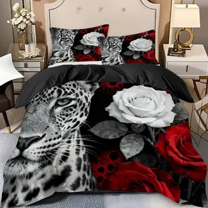 2/3 Pcs Leopard,Rose Quilt Cover Set(1* Quilt Cover+1/2* Pillowcase,No Filling)Soft High-End Digital Printed Bedding Set,Decorative Bedding Set,Perfect Gift For Family,Friends During The New Year Holiday!Suitable For All Year Round!Machine Washable