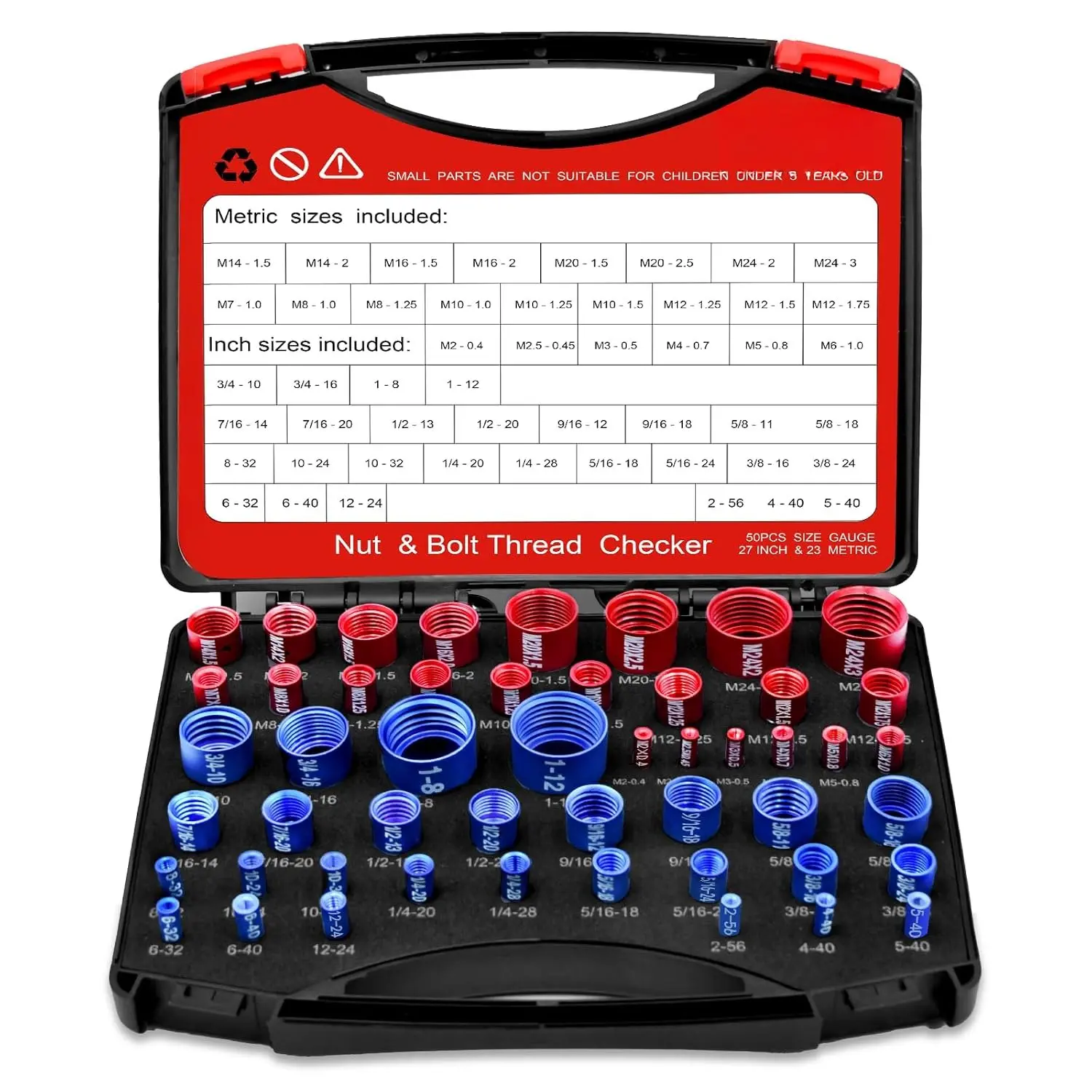 50 count Thread Checker Kit - SAE & Metric Bolt Thread Checker, Nut & Bolt Size Finder Tool (27 SAE + 23 Metric) - Thread Gauge for  Identifying Screw, Nut, and Bolt Sizes