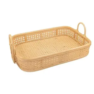 ShelterCast Rectangle Tray with Handle for Kitchen Storage Wicker Fruit/Bread Serving Basket,Natural Decor Decorative Gift Organiser Rattan