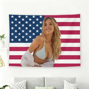 Actress in Bikini with American Flag Background Wall Flag, Summer Beach Vibe Tapestry, Black Flash Style Room Decor