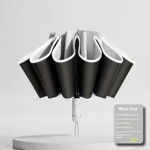 Obsidian Black Fully Automatic Reverse Sunny And Rainy Sun-proof UV Umbrella Vinyl 10 Bones Iron Frame 190T NC Fabric Triple Folding Simple Style