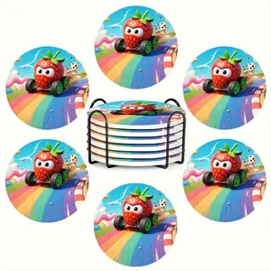 6PC round ceramic coasters with strawberry racing cars on a rainbow track themes, high temperature resistant and non-slip, exquisite home and restaurant decorations, suitable for sideboards, home decor and parties, perfect restaurant gift ideas, housewar
