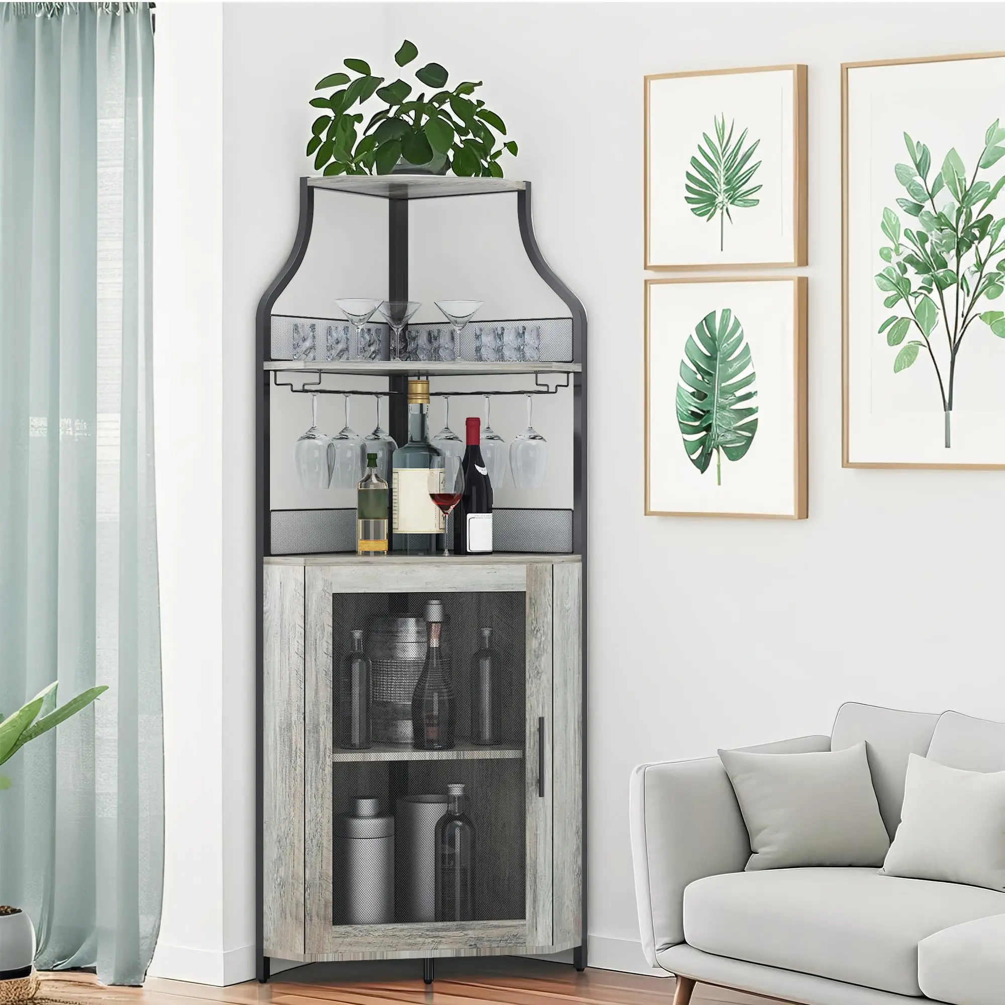 【GARVEE】61" Tall Farmhouse Corner Bar Cabinet with LED Light, Detachable Wine Rack, 5-Tier Industrial Wine Cabinet Featuring Glass Holder, Adjustable Shelves and Feet for Dining, Living Room, and Kitchen