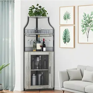 【GARVEE】61" Tall Farmhouse Corner Bar Cabinet with LED Light, Detachable Wine Rack, 5-Tier Industrial Wine Cabinet Featuring Glass Holder, Adjustable Shelves and Feet for Dining, Living Room, and Kitchen