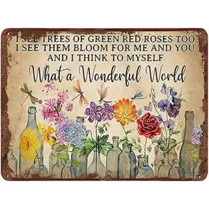 1pc Dragonfly What A Wonderful World Flowers Funny Metal Tin Sign Wall Decor I See Trees Of Green Red Rose Too Retro Tin Sign Vase Flowers Poster Plaque Entryway Decor Gallery Wall Signs 12x8 Inches