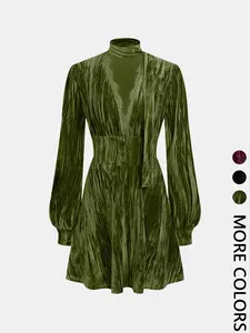 Women's Contrast Lace Button Velvet Dress with Scarf, Elegant Bishop Sleeve V Neck A Line Dress for Party Holiday Wedding Guest, Ladies Spring & Fall Clothes