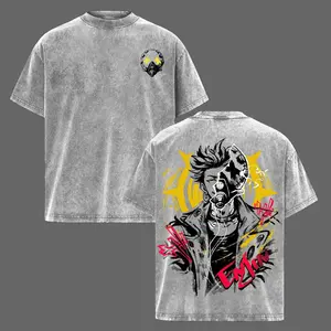 Men's Streetwear Graphic T-Shirt in Faded Yellow, Vintage Wash Short Sleeve with Gas Mask & Graffiti Back Print, Tshirt, Shortsleeve