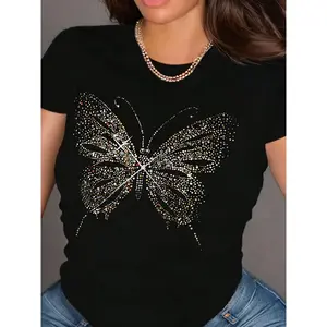 100% Cotton 2025 Summer New Flash Butterfly Print T-shirt Summer Short Sleeve Women's T-shirt