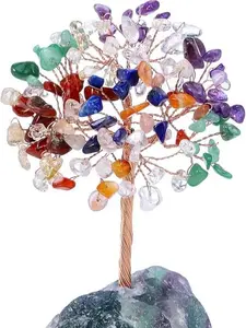 Natural 7 Chakra Crystal Tree, Raw Healing Crystals Fluorite Base Gem Bonsai Money Tree for Home Office Table Decor Wealth and Luck