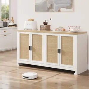 Rattan Accent Storage Cabinet, 4-Door with Shelf, Modern Console Coffee Bar Cabinet, White, 61.42in x 15.75in x 31.5in H, for Dining Room, Living Room, Home Decor