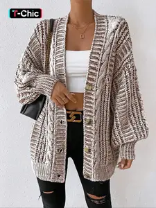 Women's Textured Lantern Sleeve Button Front Loose Fit Knitting Cardigan, Elegant Casual V Neck Long Sleeve Cardigan, Ladies Knitwear for Fall & Winter Daily Wear, Womenswear Tops
