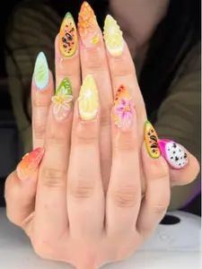 Handmade Gel Press On Nails, Tropical Fruit 3D Nails, Papaya Lemon Floral Press On Nails, Colorful Summer Vacation Nails, Y2K Stiletto Nail Set, Cute Rhinestone Fake Nails, Reusable Luxury Nails, Gift for