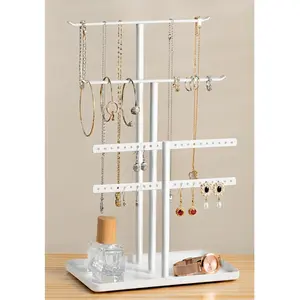 Pickpiff Jewelry Stand Organizer 14.5" Tall Sturdy Metal 3-Tier Jewelry Holder for Necklace, Earrings, Bracelet, Ring & Hanger for Display and Storage Boxes Accessory Decoration Gifts Room Ornaments