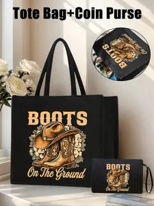 2-Piece/Set Linen Western Cowboy Boots Graphic Tote Bag + Coin Purse Set,Y2k Western Style Tote Bag,  Combination of Small and Large Bags, Suitable for Weddings, Birthdays, Beaches, Holidays, for Women, And Returning to School, Fashionable Patterned Bag