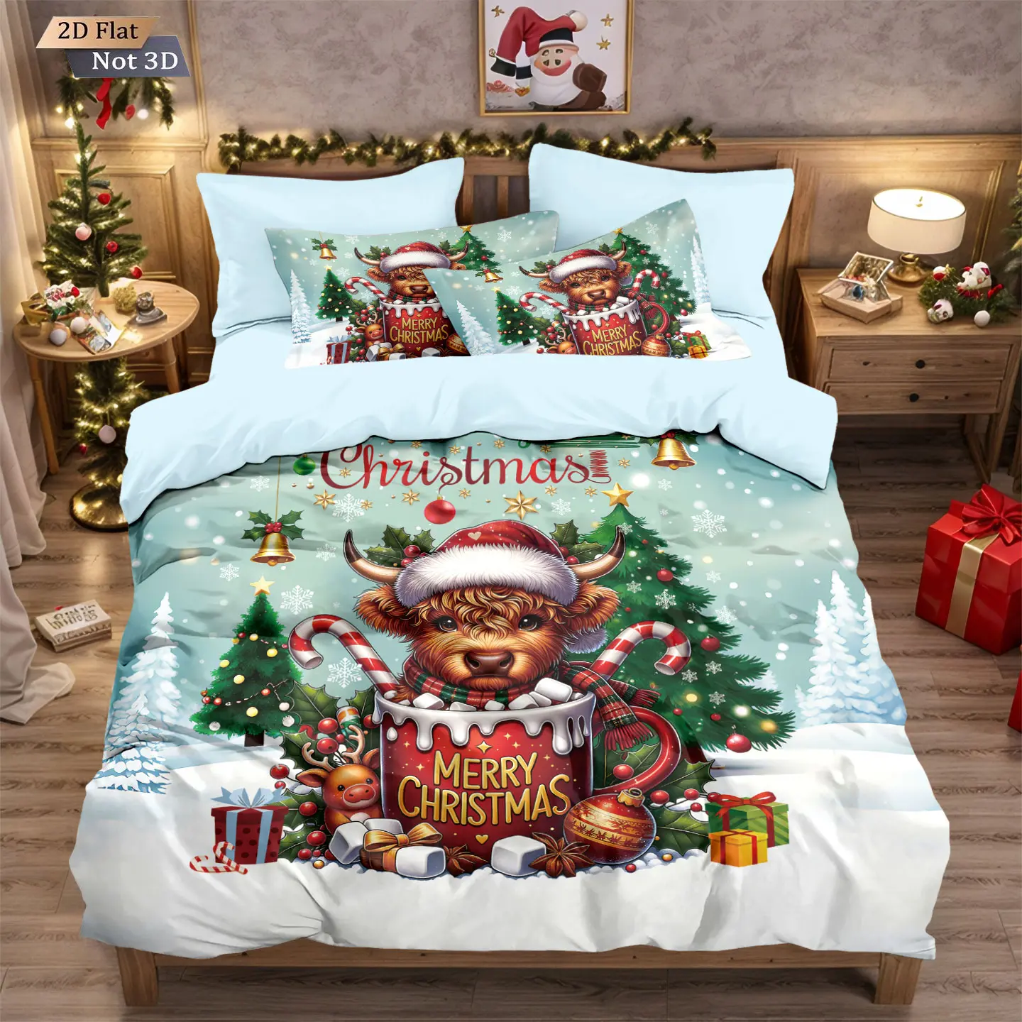 Christmas Theme Bedding Set, Includes Fitted Sheet and Pillowcases, Cute Cartoon Highland Cow, Christmas Tree, Snowflake Print, Perfect Home Decor