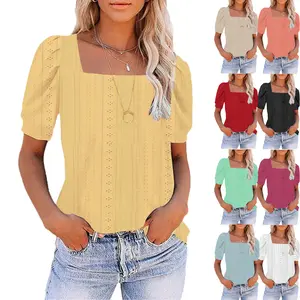 Women's 2025 Summer Eyelet Square Neck Short Sleeve Tunic T-Shirt, Casual Loose Fit Blouse, US Shipping