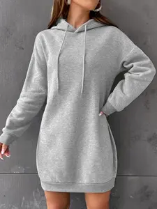 Women's Fall Winter Thick Adjustable Drawstring Hooded Dress, Sporty Plain Fitted Long Sleeve Womenswear, Casual Short Hoodie Dress for Women