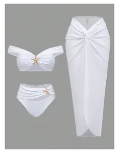 White Bikini Set for Women - 3 Piece Bandeau Swimsuit with Sarong, Gold Starfish Detail, Off Shoulder Top, High Waisted Bottom, Twist Front Cover Up, Beach Summer Vacation Swimwear