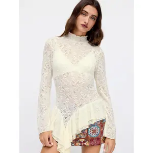 Cider Texture High Neck Pointelle Asymmetrical Ruffle Hem See-through Top