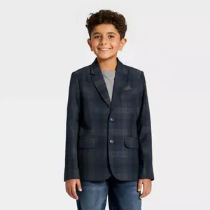 Boys' Holiday Plaid Suit Jacket - Cat & Jack Navy Blue 18 Husky
