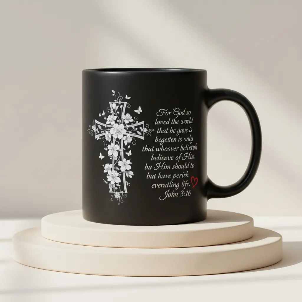 1PC Christian Cross Floral Faith John 316 Bible Verse Black Ceramic Mug BPA Free With Handle Inspirational Religious Style Print Pattern For Church Home Easter Mother's Day Birthday Gift Coffee Mug With Durable Design Perfect For Daily Use And Christ
