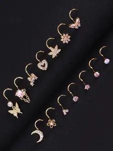 14 Pcs Golden Nasal Piercing Rings Studs for Women Men Quality 304 Stainless Steel Copper Charming Universal Body Jewelry Cute Ornament Set Shimmering Pink Zirconia Unique Shapes Curved Pendants Heart Star Butterfly Bloom Cross Moon Gentle Lovely Appeal