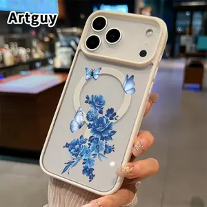 Magnetic Soft Case for iPhone 17 16  Pro Max Plus 15 14 13 12 11 Air E Blue Floral Flutter Pattern Anti-Yellowing Shockproof ultra-thin Silicone Crystal Transparent Acrylic Cover Supports Wireless Charging