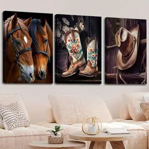 1pc, Canvas Hanging, Decorative Paintings, Wall Arts, Posters, Vintage, Modern, Western Horse, Cowboy Boots And Cowboy Hat, Western Farm Art, Cowboy Style, Indoor Home Wall Decor Art, Room Decor, Home Decor