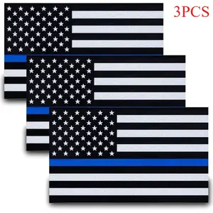 3pcs Reflective US Flag Stickers, Thin Blue Line American Flag Decal Car Laptop Bumer Sticker 5"x3" Vinyl, Support USA Police and Law Enforcement Officers