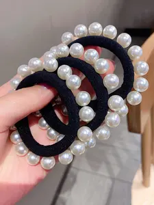 3pcs Faux Pearl Decorated Elastic Hair Ties, Simple Casual High Stretch Ponytail Scrunchies for Women & Girls, Minimalist Headwear Suitable for Thick Hair, Fashion Hair Accessories