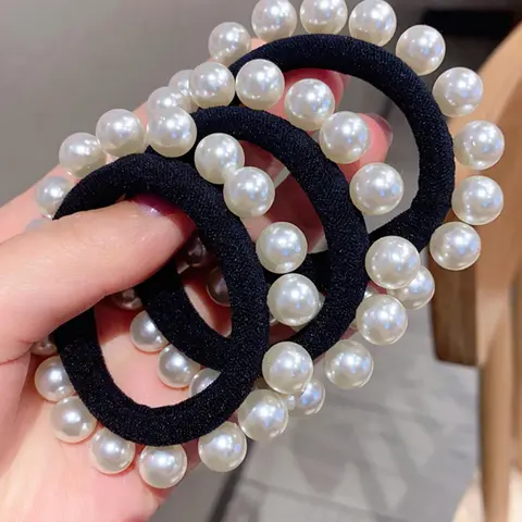 3pcs Faux Pearl Decorated Elastic Hair Ties, Simple Casual High Stretch Ponytail Scrunchies for Women & Girls, Minimalist Headwear Suitable for Thick Hair, Elastic Hair Accessory, Hairstyle Accessory, Elastic Ponytail Accessories, Hair Styling Accessories