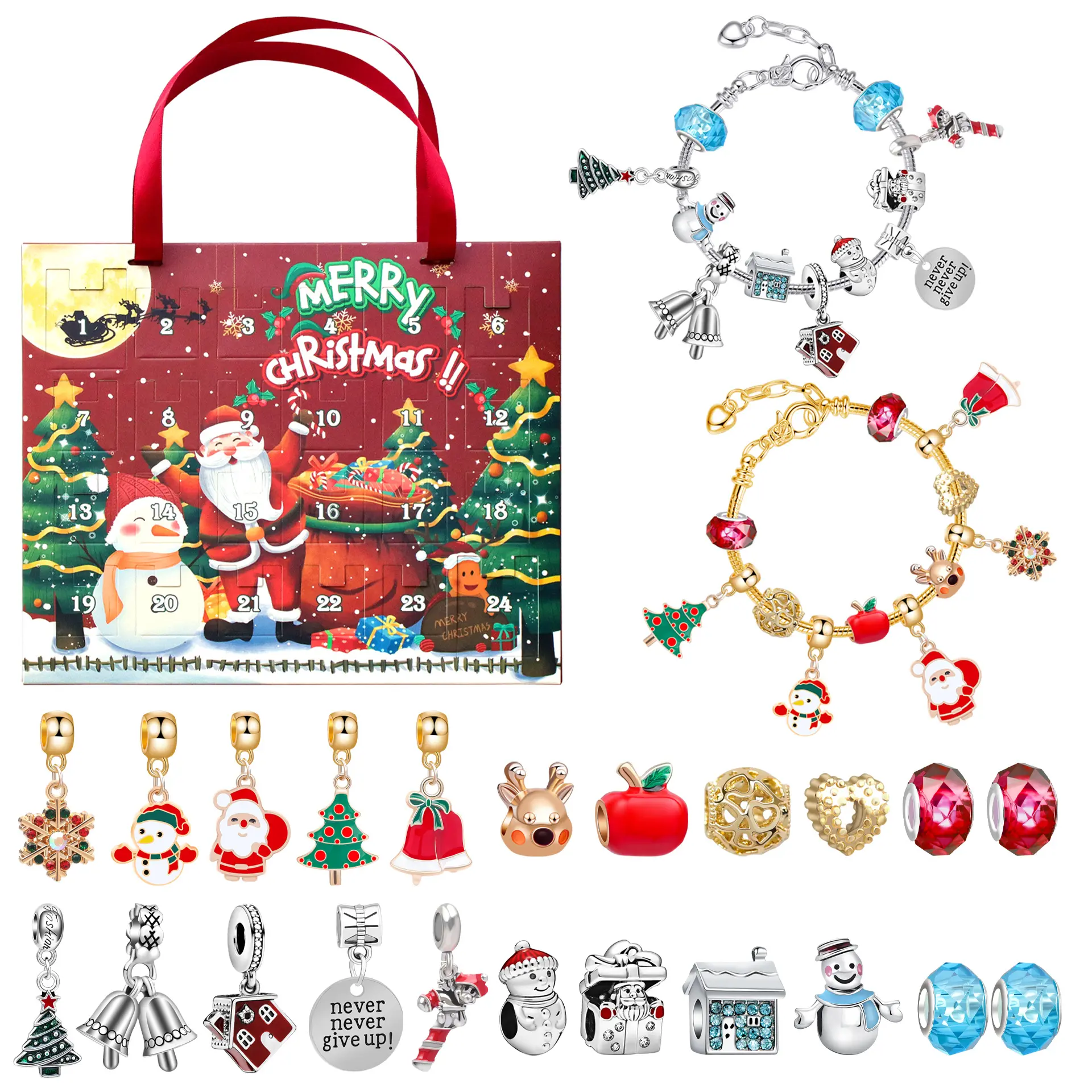 Christmas Jewelry Advent Calendar 24 Countdown Bracelet , 24pcs DIY Charm Jewelry Making Kit, Christmas Gift for Her