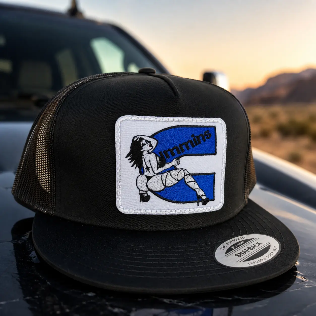 [BEST SELLER 2026] Cummins Trucker Hat, Black Mesh Snapback Cap, Diesel Mechanic Hat, Truck Driver Gift, Funny Automotive Patch Cap for Men