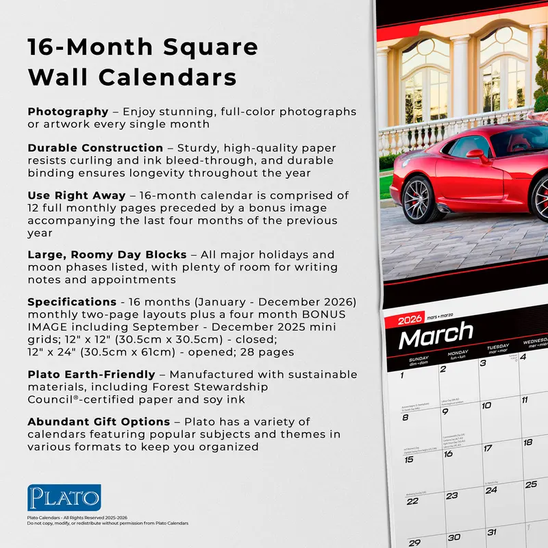 American Sports Cars OFFICIAL | 2026 12 x 24 Inch (Hanging) Monthly Square Wall Calendar | Foil Stamped Cover | Plato | Racing Automotive 5