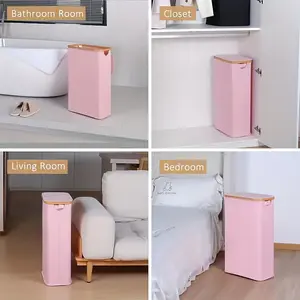Large Slim Laundry Hamper with Bamboo Trim Lid, Waterproof Mesh Liner, Rolling Wheeled, Portable Dirty Clothes Storage Basket