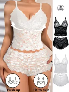 Women's Lace Push-Up Bra Set, Sexy Sheer Floral Design, Comfortable Soft Skin-Friendly Sleepwear, Wireless Three-Quarter Cup Bras Underwear Sets