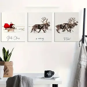 Modern Christmas Reindeer Sleigh Canvas Art Set, 3-Piece Wall Decor with Wooden Frame, Winter Style Living Room Decoration