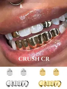 CRUSH CR Sparkling 14K Gold Plated Grillz Set for Women Man Content Creators, Ideal for TikTok Tutorials, Instagram Reels, Music Video Sets Themed Parties, Timeless Y2K Dental Jewelry That Complements Any Outfit Without Being Over-the-Top