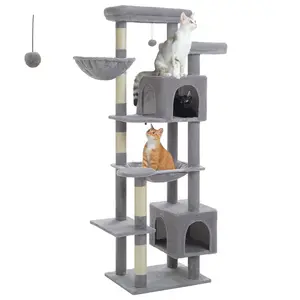 69" Cat Tree  for Indoor Cats, Multi-Level Cat Tower with 5 Sisal Scratching Posts, 2 Cozy Condo & Top Perch, Stable Heavy Duty Cat Tree for Large Cats, Plush Cat Activity Center with Dangling Ball Toy, Grey