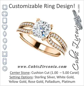 Cubic Zirconia Engagement Ring- The Monet (Customizable Cushion Cut Design with Wide Split-Pavé Band)