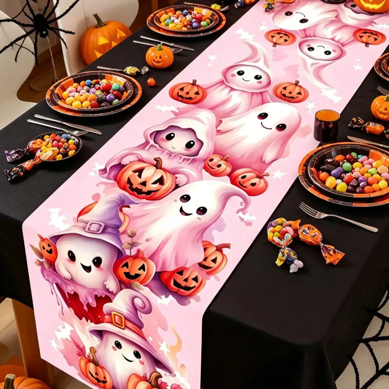 1Pc Linen Halloween Pink Ghost & Pumpkin Tablecloth, Cute Spooky Table Cover for Dining Table & Kitchen, Trick or Treat Party Decor, Fall Halloween Home Decoration