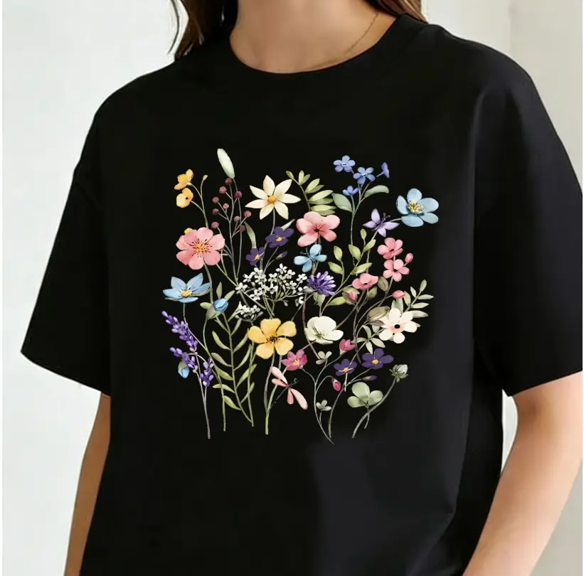 Women's Vintage Boho Wildflower Graphic T-Shirt - Casual Round Neck Short Sleeve Cotton Streetwear Tshirt