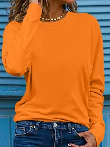 Women's Casual Style Basic Round Neck Thin Long Sleeve T-Shirt, Spring & Fall Fashion, Fitted Plain Top, 14 Colors Available, Daily Wear