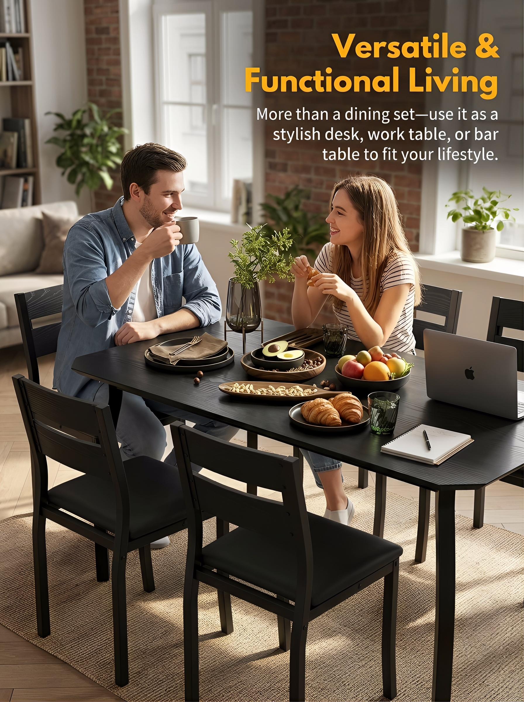 YJ-Garvee 5-piece dining set for 4 people featuring a wooden table (110 x 70 x 76 cm) and 4 padded chairs with beveled edges, designed for small spaces and modern dining areas in natural finish