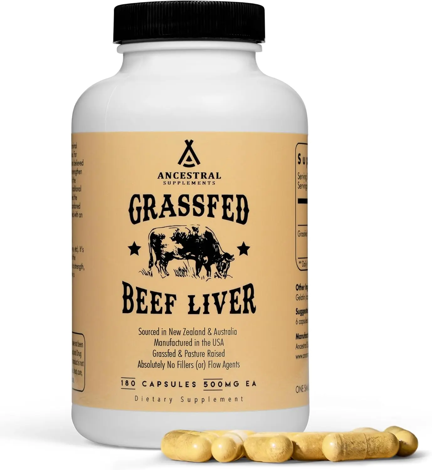 Ancestral Supplements Grass-Fed Beef Liver Capsules, 180 Count - Pasture-Raised Desiccated Liver Rich in Heme Iron, Vitamin A & B12 for Energy Support