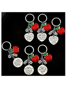 6 PC Stainless Steel Apple Keychain, Heart Handle Keychains, Heart Design Keychain, Teacher Appreciation Gift, Teacher's Day Keychain, Durable and Stylish Accessory